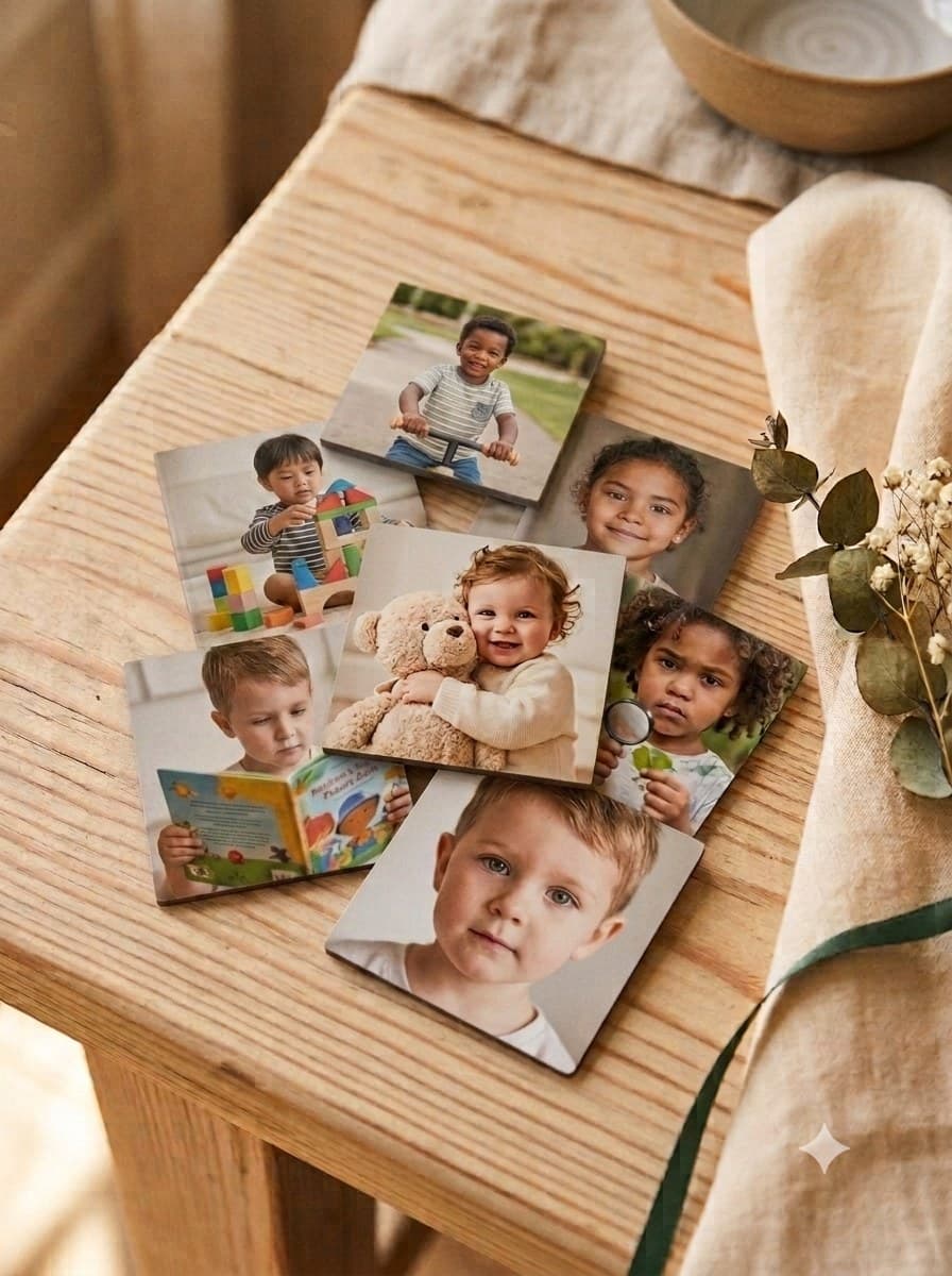 Game photo magnets laid out on a table